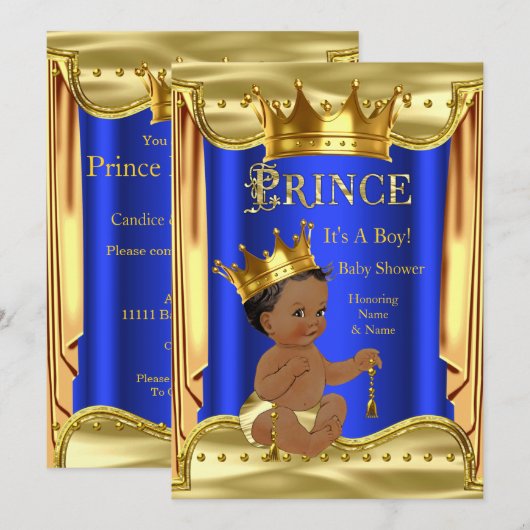 Invitation Royal Blue Prince Baby shower Gold Ethnic (Devant / Derrière)