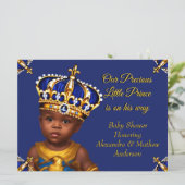 Invitation Royal Blue Prince Boy Baby shower Gold Ethnic (Debout devant)