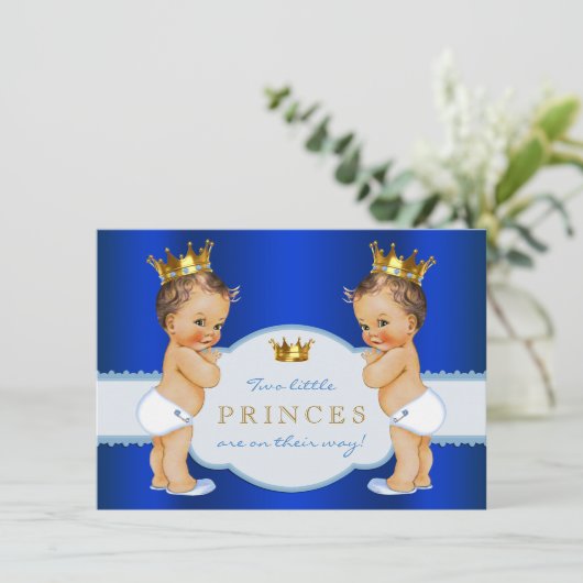 Invitation Royal Blue Prince Twin Boy Baby shower (Debout devant)