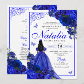 Invitation Royal Blue Princess & Butterflies Quinceañera (Devant / Derrière)