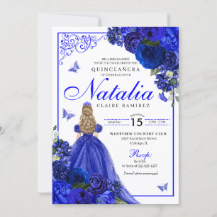 Invitation Royal Blue Princess & Butterflies Quinceañera