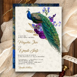 Invitation Royal Blue Purple Floral Indien Mariage Peacock<br><div class="desc">Éblouissez vos invités avec cet invitation de mariage élégant avec un paon magnifique avec de belles fleurs. Ajoutez simplement les détails de votre événement sur ce modèle facile à utiliser pour en faire une invitation unique. Retournez la carte pour révéler un art rustique de découpage à l'arrière de la carte....</div>