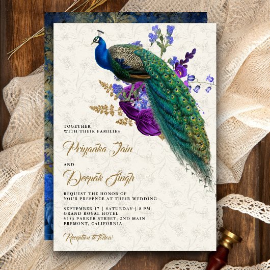 Invitation Royal Blue Purple Floral Indien Mariage Peacock