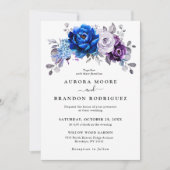 Invitation Royal Blue Purple Navy Lilac Blooms Wedding (Devant)