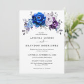 Invitation Royal Blue Purple Navy Lilac Blooms Wedding (Debout devant)