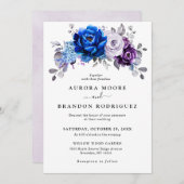 Invitation Royal Blue Purple Navy Lilac Blooms Wedding (Devant / Derrière)