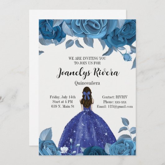 Invitation Royal Blue Quinceañera (Devant / Derrière)