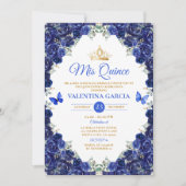 Invitation Royal Blue Quinceañera 15 Anos Flowers Gold Crown (Devant)