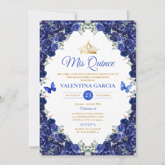 Invitation Royal Blue Quinceañera 15 Anos Flowers Gold Crown (Devant)