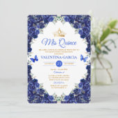 Invitation Royal Blue Quinceañera 15 Anos Flowers Gold Crown (Debout devant)