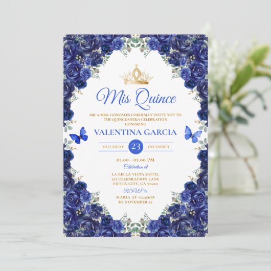 Invitation Royal Blue Quinceañera 15 Anos Flowers Gold Crown (Debout devant)