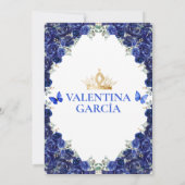 Invitation Royal Blue Quinceañera 15 Anos Flowers Gold Crown (Dos)