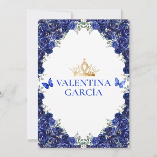 Invitation Royal Blue Quinceañera 15 Anos Flowers Gold Crown (Dos)