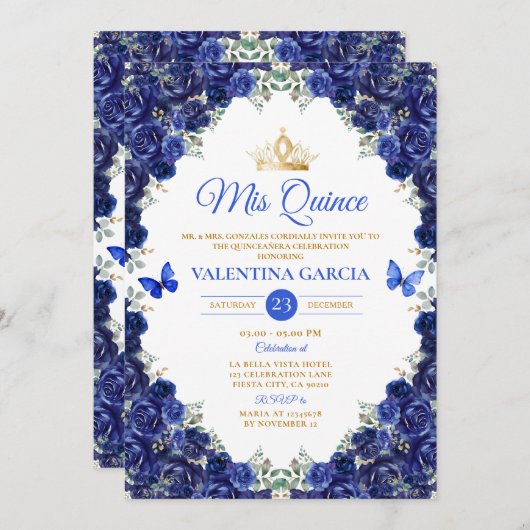 Invitation Royal Blue Quinceañera 15 Anos Flowers Gold Crown (Devant / Derrière)