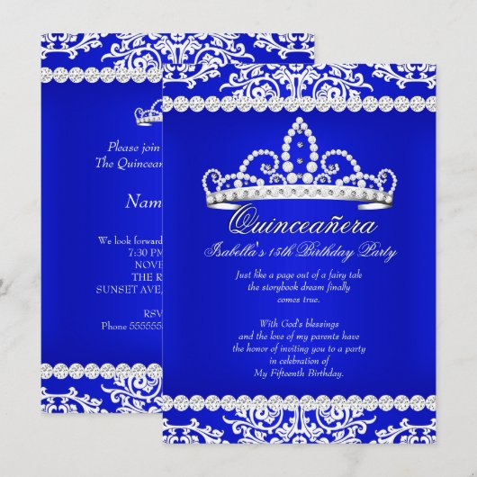 Invitation Royal Blue Quinceanera 15e anniversaire fête Tiara (Devant / Derrière)