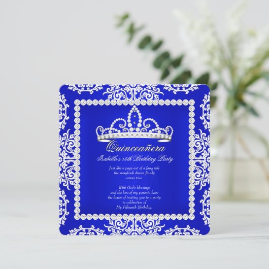 Invitation Royal Blue Quinceanera 15e anniversaire fête Tiara (Debout devant)