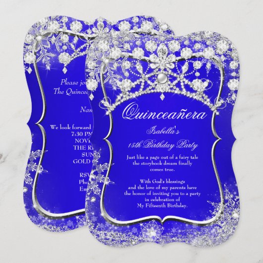 Invitation Royal Blue Quinceanera 15e Wonderland d'hiver (Devant / Derrière)
