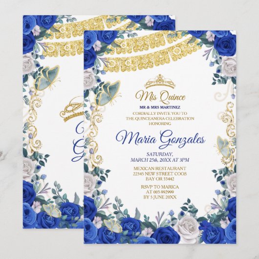 Invitation Royal Blue Quinceanera Mexicaine fille 15e anniver (Devant / Derrière)