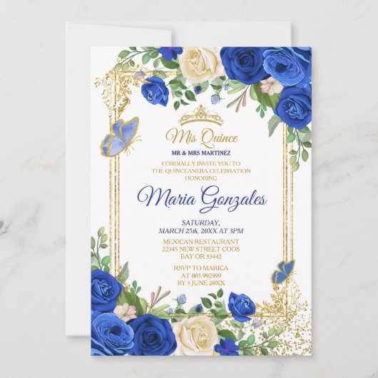 Invitation Royal Blue Quinceanera Mexicaine fille 15e anniver (Devant)
