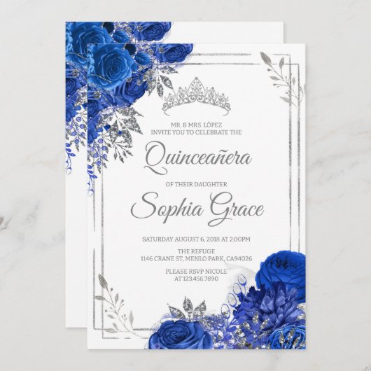 Invitation Royal Blue Quinceañera Papillons Mis Quince (Devant / Derrière)