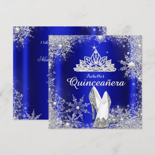 Invitation Royal Blue Quinceanera Silver Tiara 15e anniversai (Devant / Derrière)