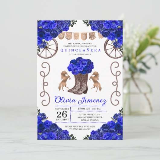 Invitation Royal Blue Ranchero Floral Boots Quinceanera (Debout devant)
