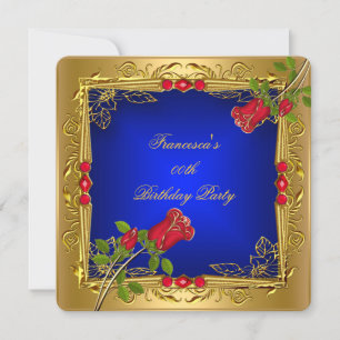 Invitation Royal Blue Red Roses Gold Élégante fête d'annivers