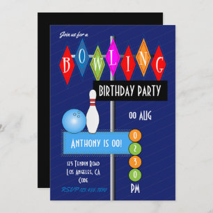 Invitation Royal Blue Retro Bowling fête d'anniversaire