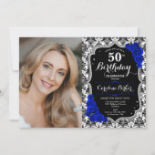 Invitation Royal Blue Rose Black Damask Photo 50e anniversair (Devant)