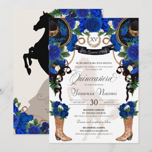 Invitation Royal Blue Rose & Black Western Charro Quinceanera (Devant / Derrière)