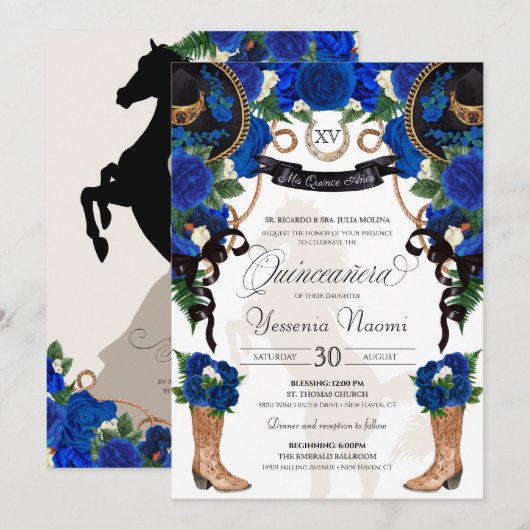 Invitation Royal Blue Rose & Black Western Charro Quinceanera (Devant / Derrière)