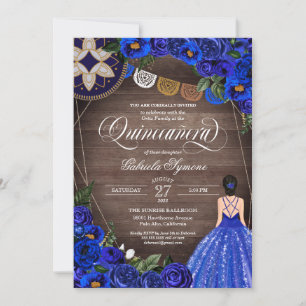 Invitation Royal Blue Rose Charro Country Gown Quinceanera