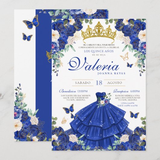 Invitation Royal Blue Rose Élégante princesse Quinceanera (Devant / Derrière)