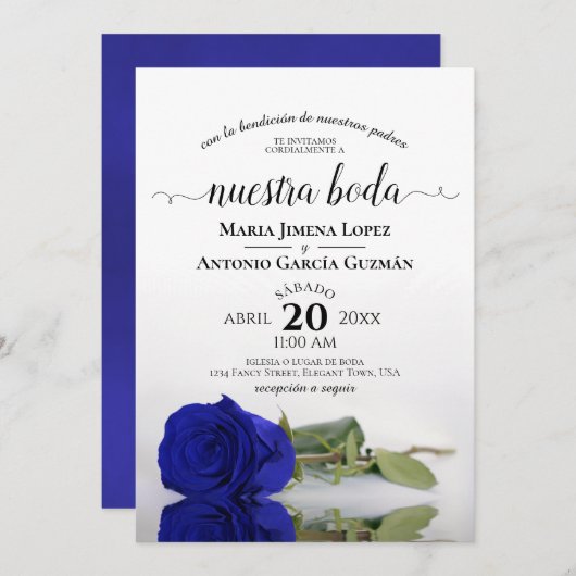 Invitation Royal Blue Rose espagnol Nuestra Boda Mariage (Devant / Derrière)