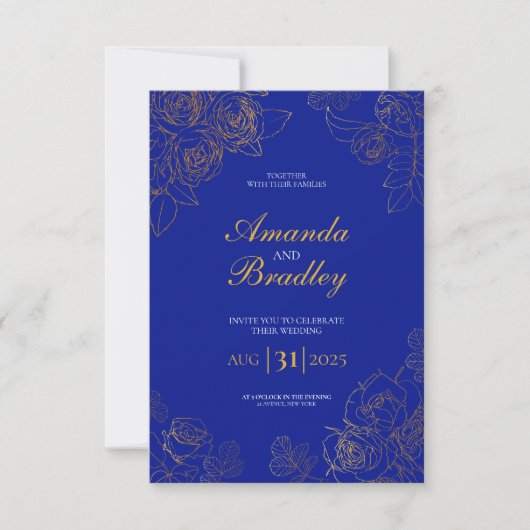 Invitation Royal Blue Rose Fancy Gold Lace QR Code Mariage (Devant)