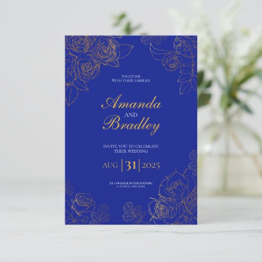 Invitation Royal Blue Rose Fancy Gold Lace QR Code Mariage (Debout devant)