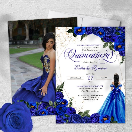 Invitation Royal Blue Rose & Gold Elegant Photo Quinceañera
