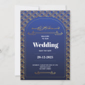 Invitation Royal Blue Rose Gold Lace QR Code Musulman Mariage (Devant)