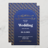 Invitation Royal Blue Rose Gold Lace QR Code Musulman Mariage (Devant / Derrière)