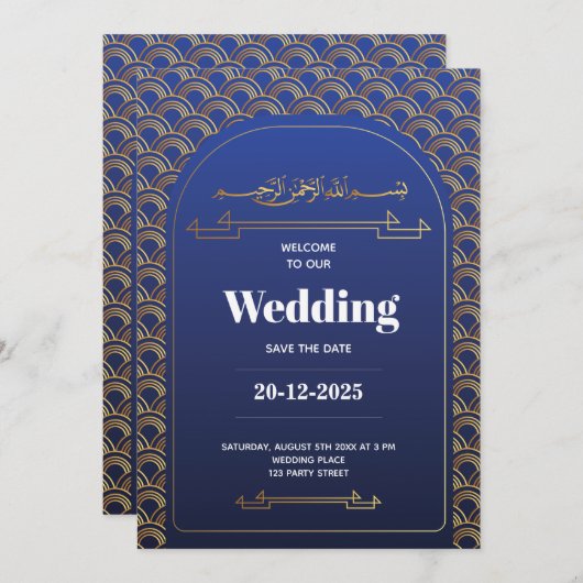 Invitation Royal Blue Rose Gold Lace QR Code Musulman Mariage (Devant / Derrière)