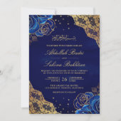 Invitation Royal Blue Rose Gold Lace QR Code Musulman Mariage (Devant)