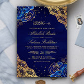 Invitation Royal Blue Rose Gold Lace QR Code Musulman Mariage