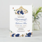 Invitation Royal Blue Rose Gold Tiara Butterfly Quinceañera (Debout devant)