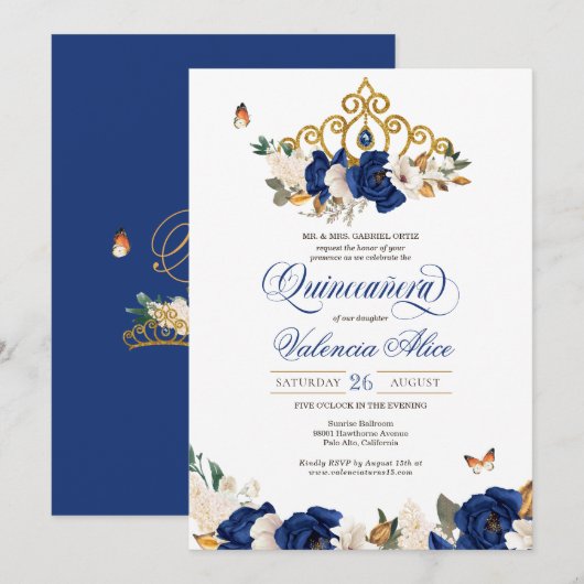 Invitation Royal Blue Rose Gold Tiara Butterfly Quinceañera (Devant / Derrière)