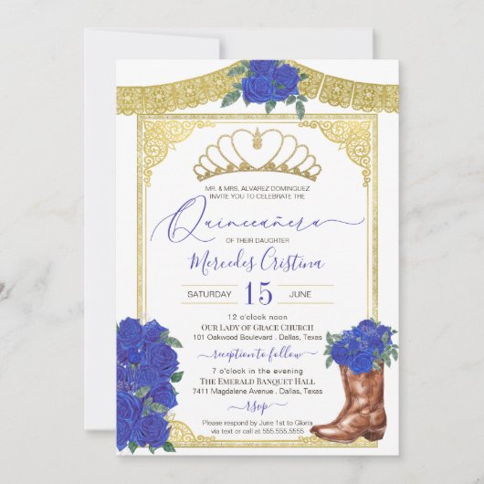 Invitation Royal Blue Rose or Floral Charro Quinceanera (Devant)