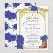 Invitation Royal Blue Rose or Floral Charro Quinceanera (Devant / Derrière)
