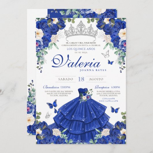Invitation Royal Blue Rose Silver Princesse Quinceanera (Devant / Derrière)