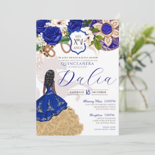 Invitation Royal Blue Rose Western Charro Crest Quinceanera I (Debout devant)