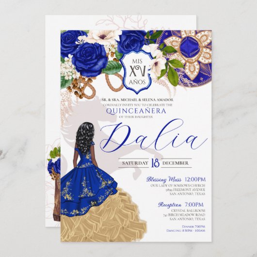 Invitation Royal Blue Rose Western Charro Crest Quinceanera I (Devant / Derrière)