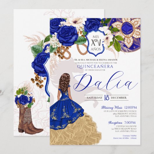 Invitation Royal Blue Rose Western Charro Quinceañera (Devant / Derrière)